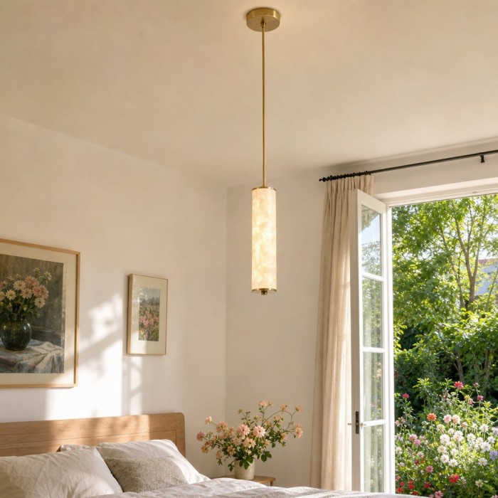 Nacrelith Capiz Shell Cylinder Brass Pendant Light - Nordic Bedroom Lighting HL3547