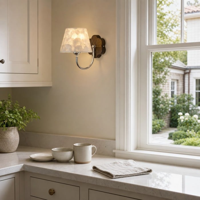 Nacrelith Vintage wandlamp met schelpstructuur - ontwerp met gebogen arm voor de slaapkamer HL3543