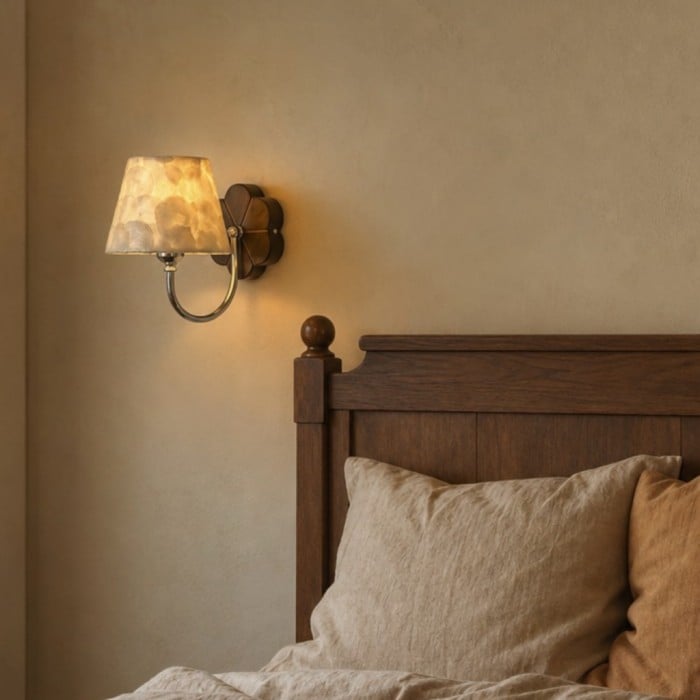 Nacrelith Vintage wandlamp met schelpstructuur - ontwerp met gebogen arm voor de slaapkamer HL3543