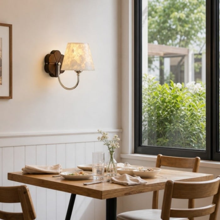 Nacrelith Vintage wandlamp met schelpstructuur - ontwerp met gebogen arm voor de slaapkamer HL3543