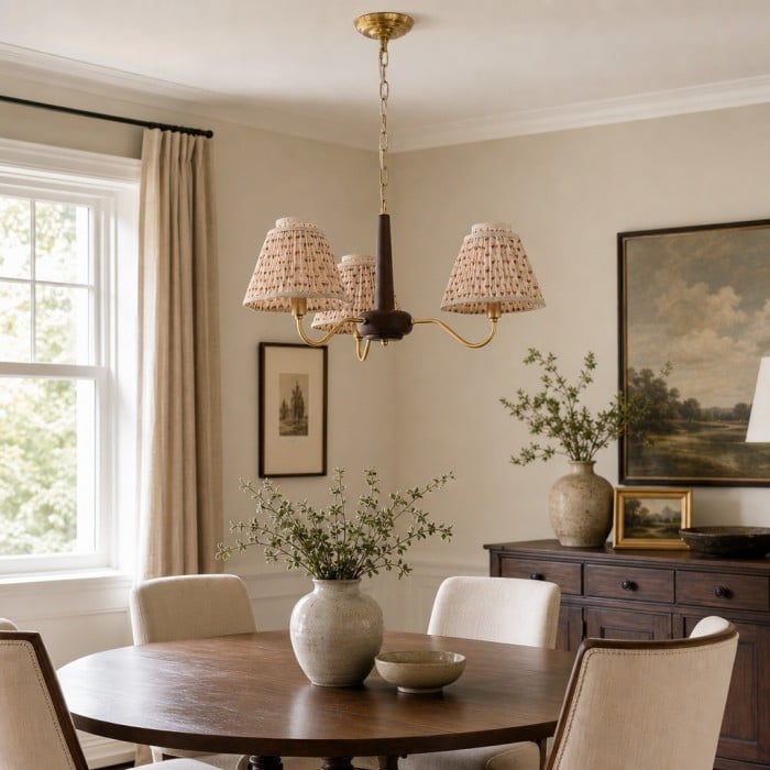 Solmire Rustic Chandelier - Wooden Mental Frame with Fabric Shades for Living Room HL3538