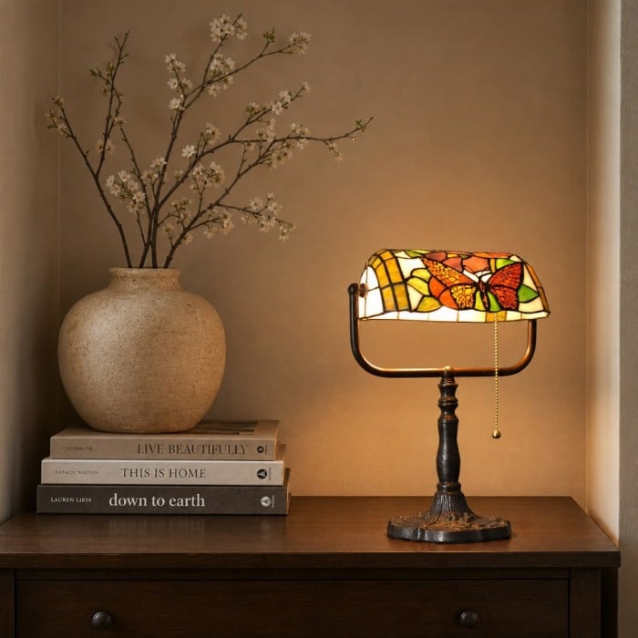 TF Tivanny Floral Stained Glass Desk Lamp - Vintage Table Light for Bedroom Study Living Room HL3553