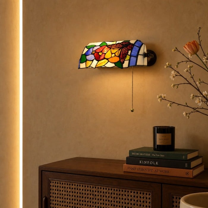 TF Tivanny Floral Stained Glass Wall Light - Tiffany Inspired Wall Sconce for Bedroom or Hall Decor HL3546
