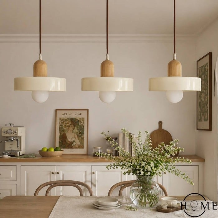 Morandi Glass Pendant Light - Wood Disc Design HL1047