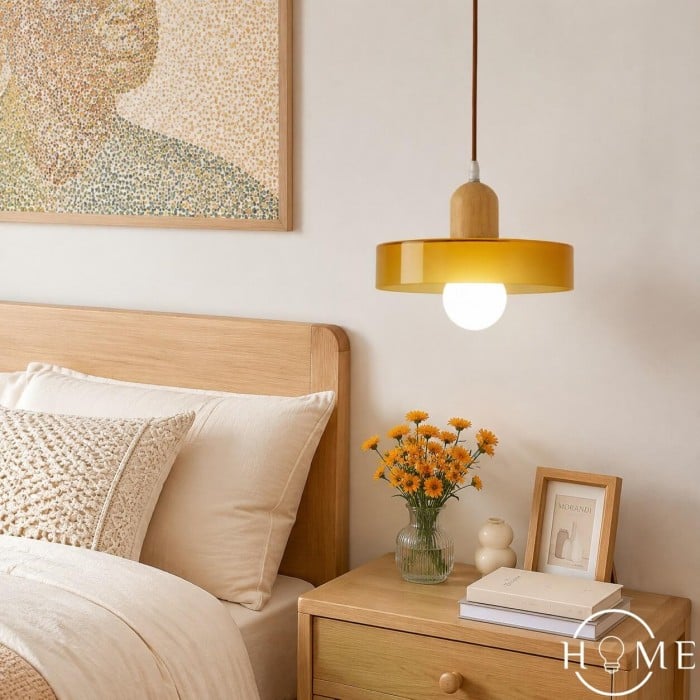 Morandi Glass Pendant Light - Wood Disc Design HL1047