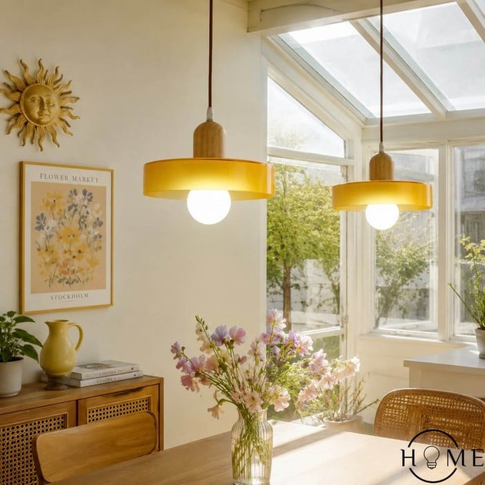Morandi Glass Pendant Light - Wood Disc Design HL1047