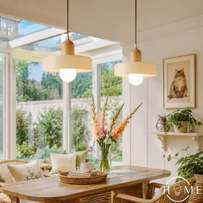 Morandi Glass Pendant Light - Wood Disc Design HL1047