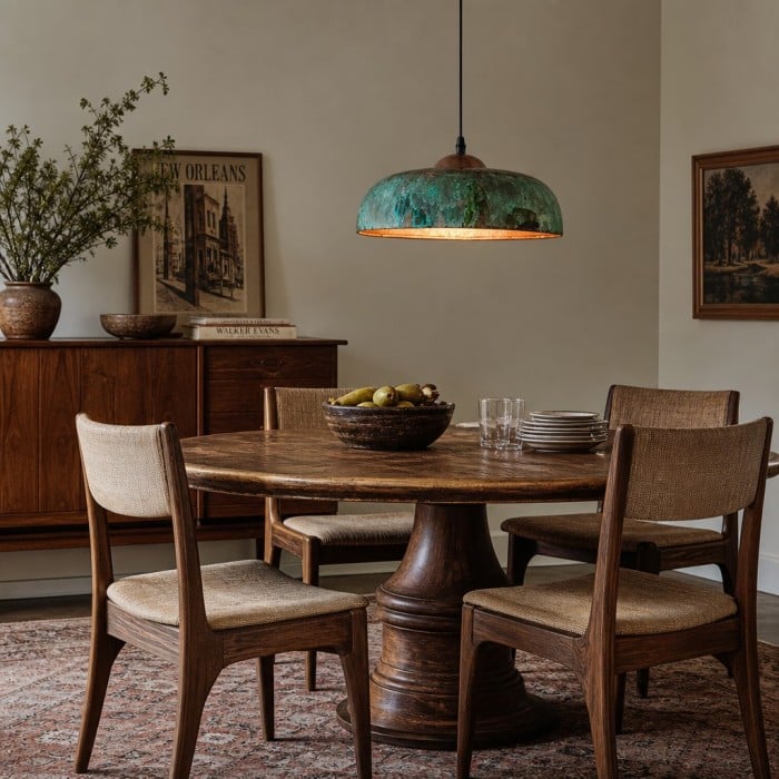 Aerugix Vintage Pendelleuchte mit gehämmertem Kupferdom – Natürliche Metalloberfläche für Esszimmer HL3580