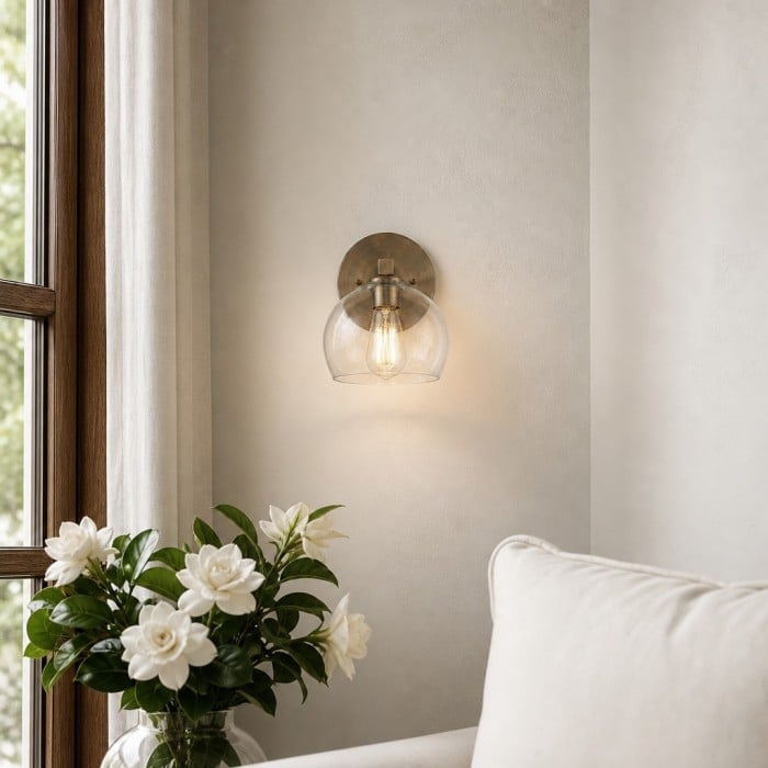 Aplique de pared Auruca Globe con forma de campanilla - Aplique minimalista de metal y cristal para sala de estar HL3574