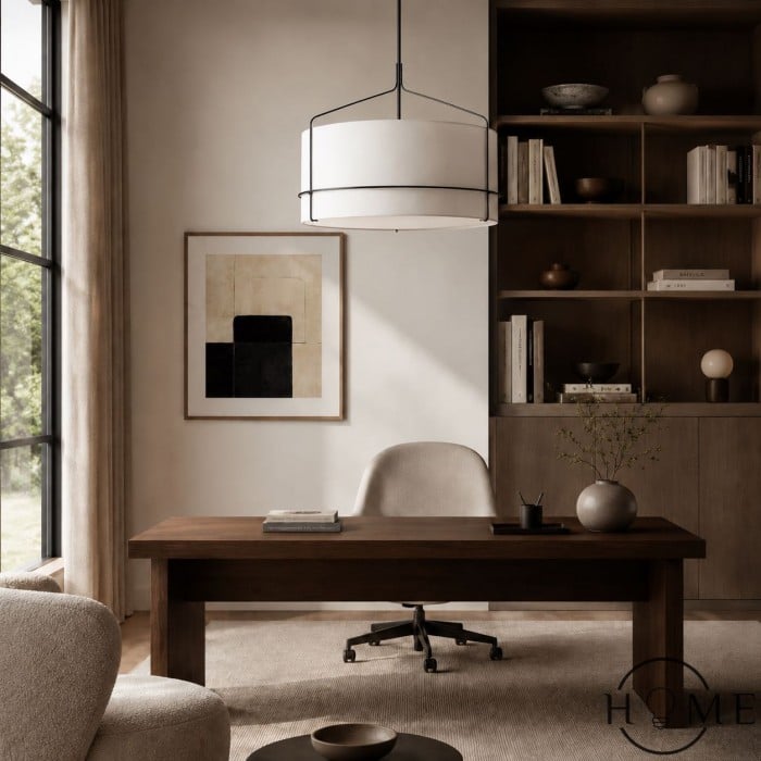 Lampada a sospensione in lino Horelia - Lampada a sospensione a forma di tamburo nordico HL1491