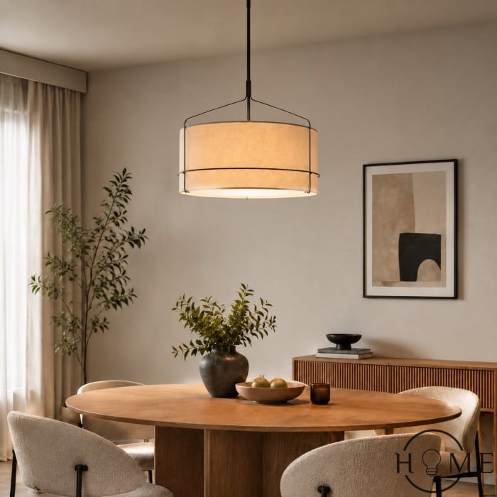 Lampada a sospensione in lino Horelia - Lampada a sospensione a forma di tamburo nordico HL1491