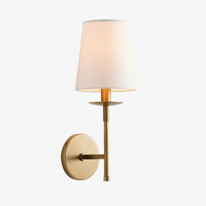 Rowan Bronze or Brass Wall Sconce - Iron Light with White Linen Shade for Home HL1529