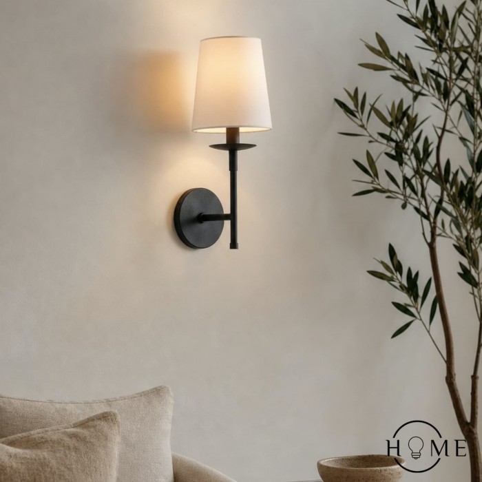 Rowan Bronze or Brass Wall Sconce - Iron Light with White Linen Shade for Home HL1529