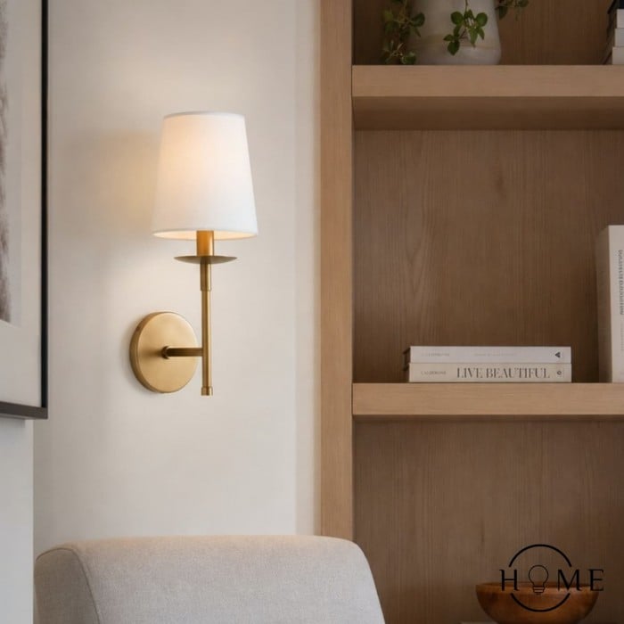 Rowan Bronze or Brass Wall Sconce - Iron Light with White Linen Shade for Home HL1529