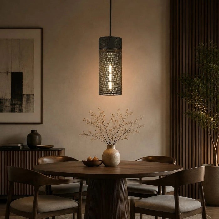 Lampada a sospensione cilindrica in travertino nero con paralume in rete metallica HL4059