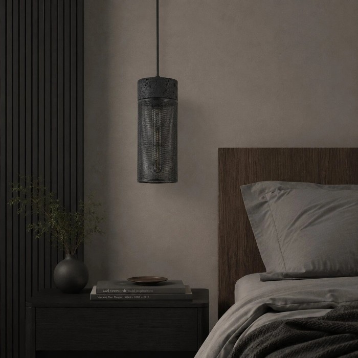 Lampada a sospensione cilindrica in travertino nero con paralume in rete metallica HL4059