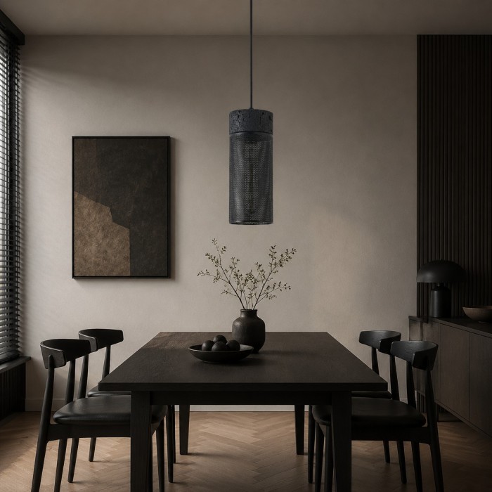 Lampada a sospensione cilindrica in travertino nero con paralume in rete metallica HL4059