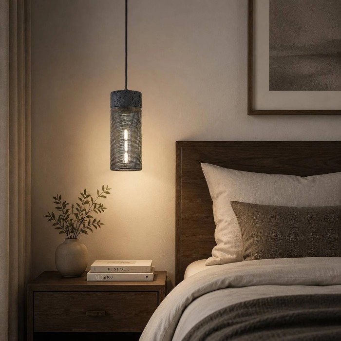 Lampada a sospensione cilindrica in travertino nero con paralume in rete metallica HL4059