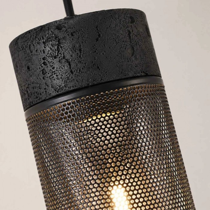 Lampada a sospensione cilindrica in travertino nero con paralume in rete metallica HL4059