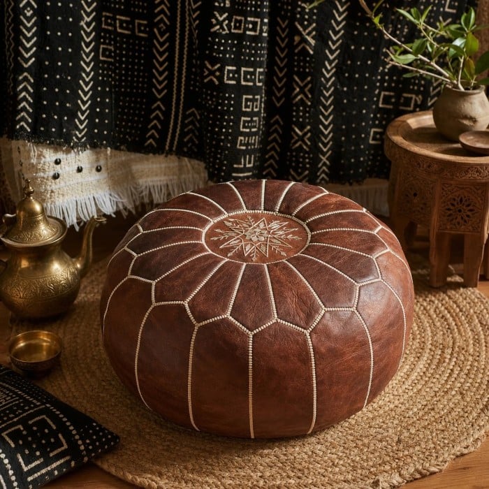 Brown Moroccan Pouf Ottoman, Round Stitched Footrest for Living Room, Bedroom and Boho Decor HL4158