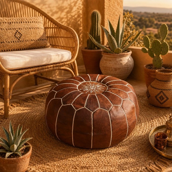 Brown Moroccan Pouf Ottoman, Round Stitched Footrest for Living Room, Bedroom and Boho Decor HL4158