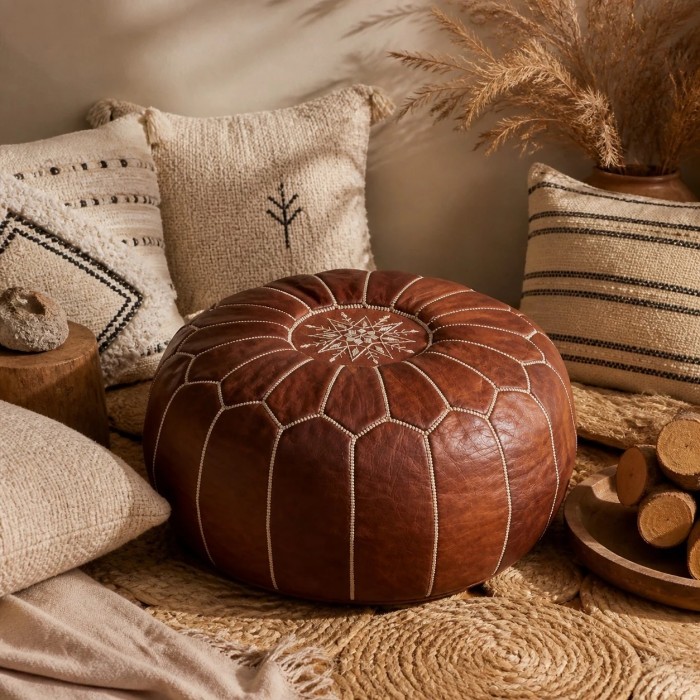 Brown Moroccan Pouf Ottoman, Round Stitched Footrest for Living Room, Bedroom and Boho Decor HL4158