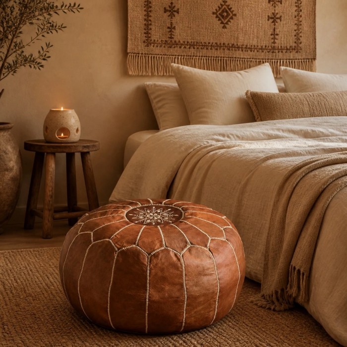 Brown Moroccan Pouf Ottoman, Round Stitched Footrest for Living Room, Bedroom and Boho Decor HL4158