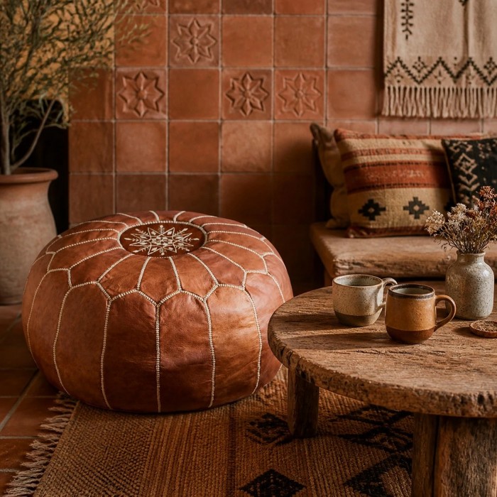 Brown Moroccan Pouf Ottoman, Round Stitched Footrest for Living Room, Bedroom and Boho Decor HL4158