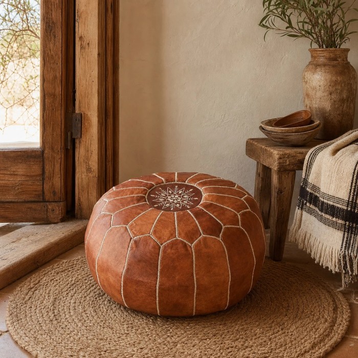 Brown Moroccan Pouf Ottoman, Round Stitched Footrest for Living Room, Bedroom and Boho Decor HL4158