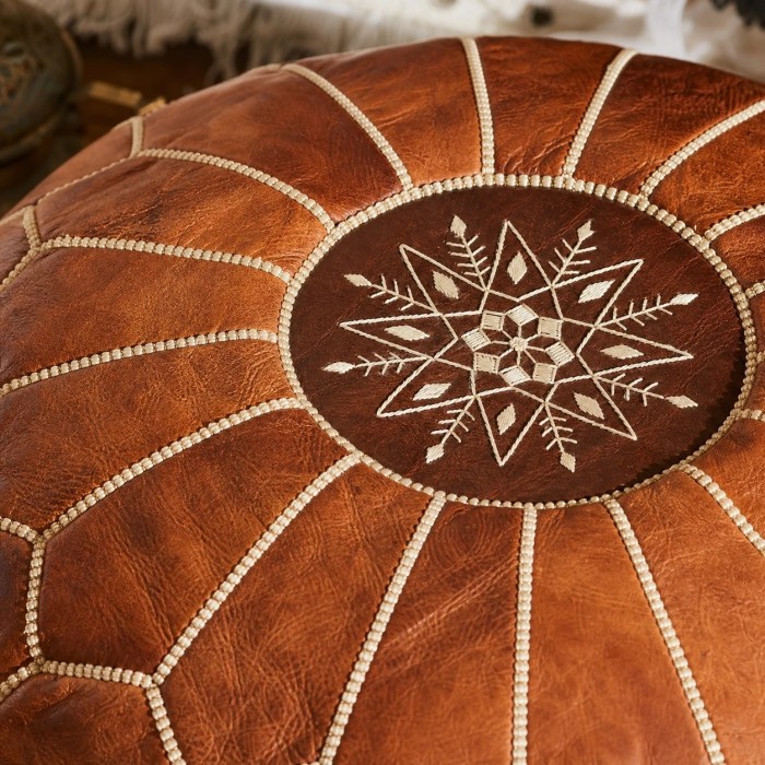 Brown Moroccan Pouf Ottoman, Round Stitched Footrest for Living Room, Bedroom and Boho Decor HL4158