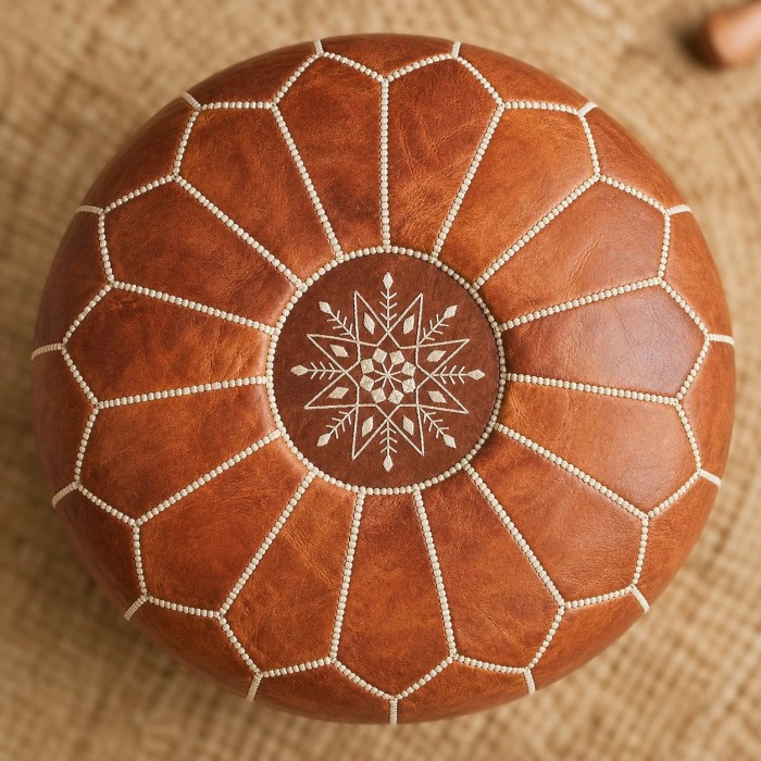 Brown Moroccan Pouf Ottoman, Round Stitched Footrest for Living Room, Bedroom and Boho Decor HL4158