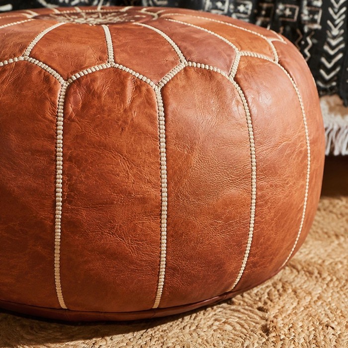 Brown Moroccan Pouf Ottoman, Round Stitched Footrest for Living Room, Bedroom and Boho Decor HL4158