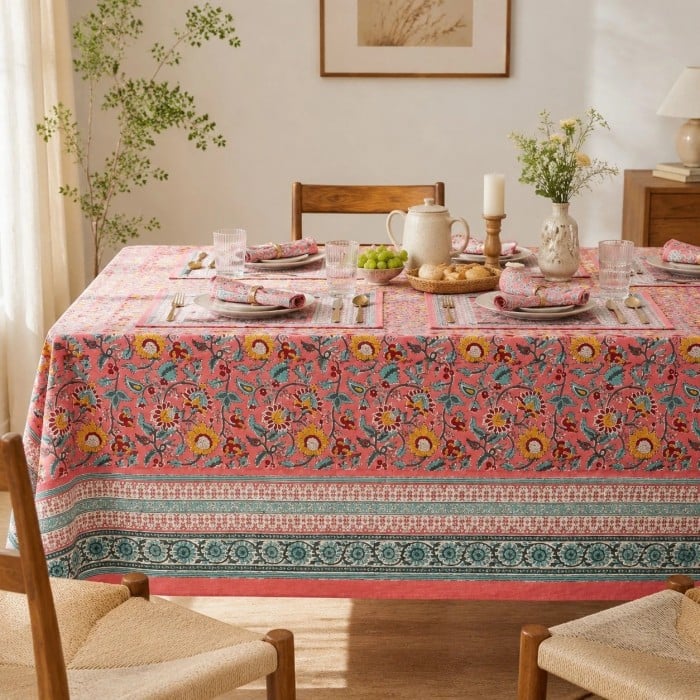 Nappe en lin et coton à motif floral HL4135