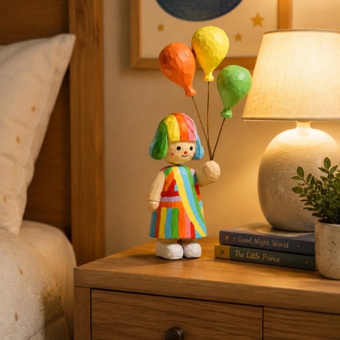 Figurine en bois de la fille au ballon arc-en-ciel HL4163