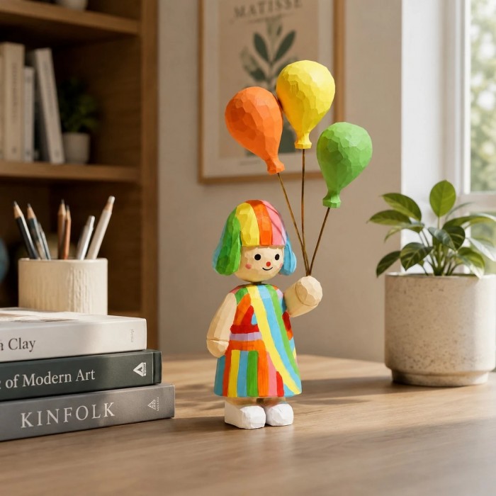 Figurine en bois de la fille au ballon arc-en-ciel HL4163