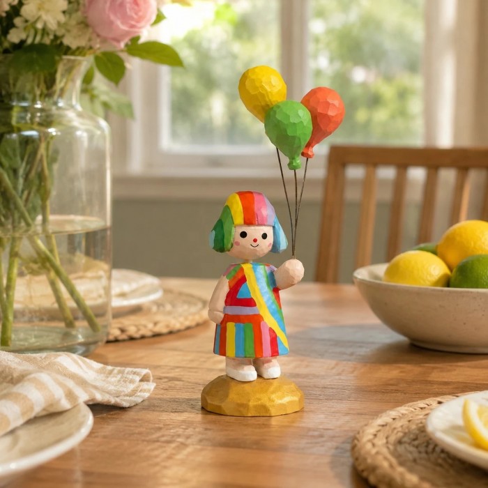 Figurine en bois de la fille au ballon arc-en-ciel HL4163