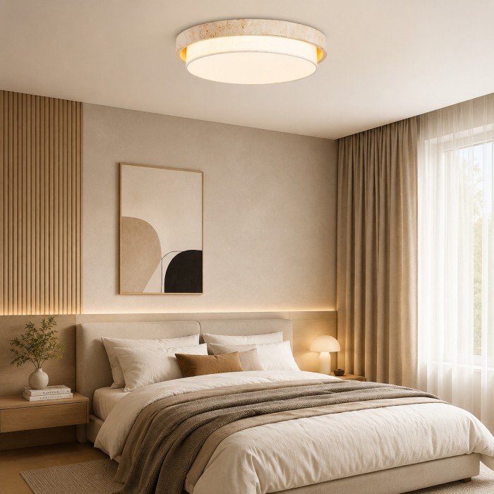 Plafondlamp met travertinkleurige bekleding, vlak gemonteerd, model HL4111