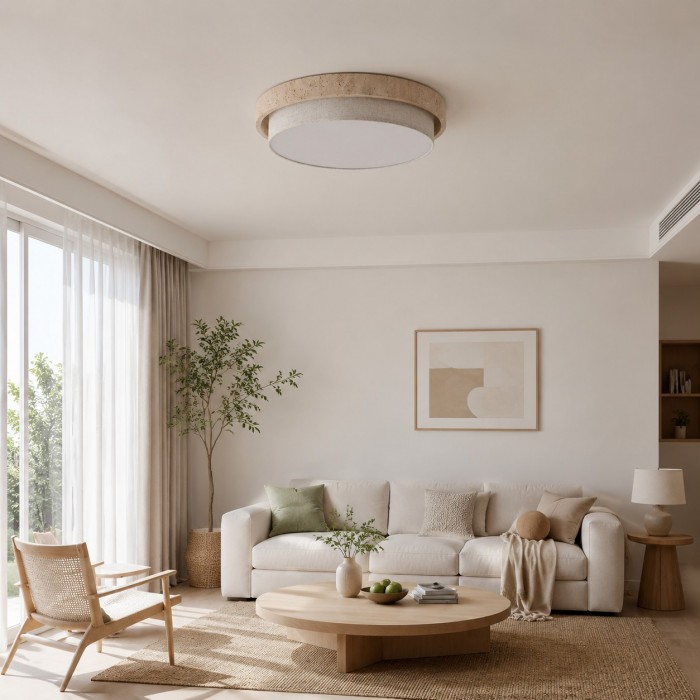 Plafondlamp met travertinkleurige bekleding, vlak gemonteerd, model HL4111