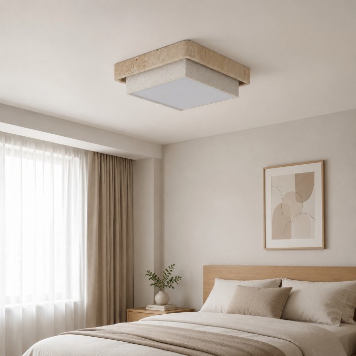 Plafondlamp met travertinkleurige bekleding, vlak gemonteerd, model HL4111