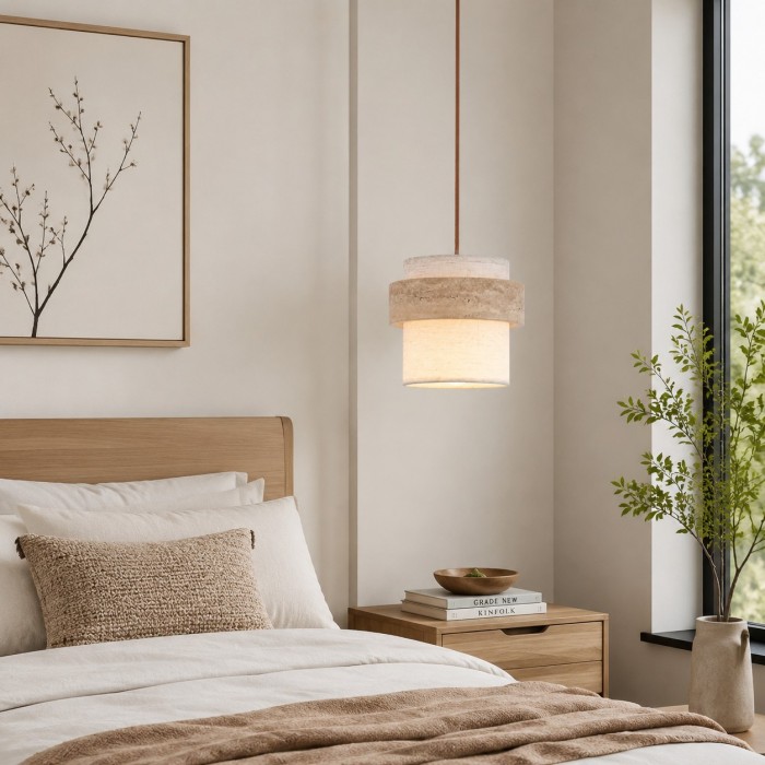 Hanglamp van travertijnstof met ring van natuursteen en lampenkap van linnen HL4101