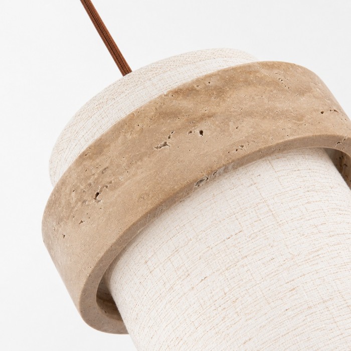 Hanglamp van travertijnstof met ring van natuursteen en lampenkap van linnen HL4101