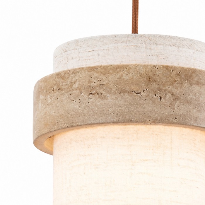 Hanglamp van travertijnstof met ring van natuursteen en lampenkap van linnen HL4101