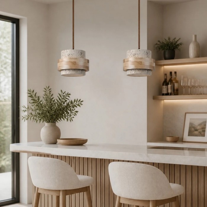Hanglamp HL4159 van travertijnsteen en hout
