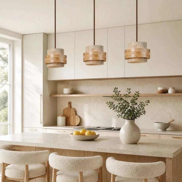 Hanglamp HL4159 van travertijnsteen en hout