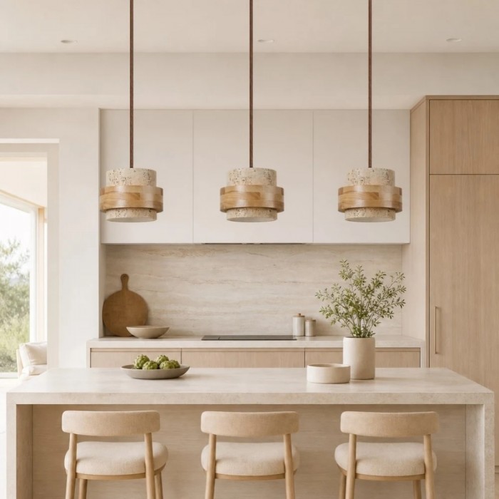 Hanglamp HL4159 van travertijnsteen en hout