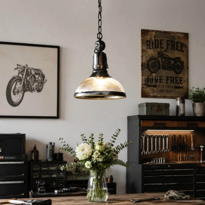 Vintage industriële biljart hanglamp met glazen of ijzeren kappen HL4067