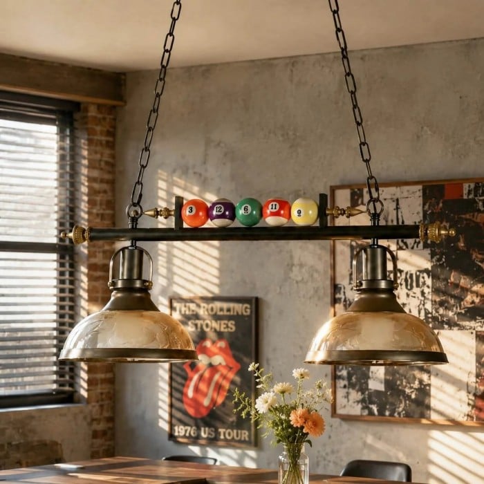 Vintage industriële biljart hanglamp met glazen of ijzeren kappen HL4067