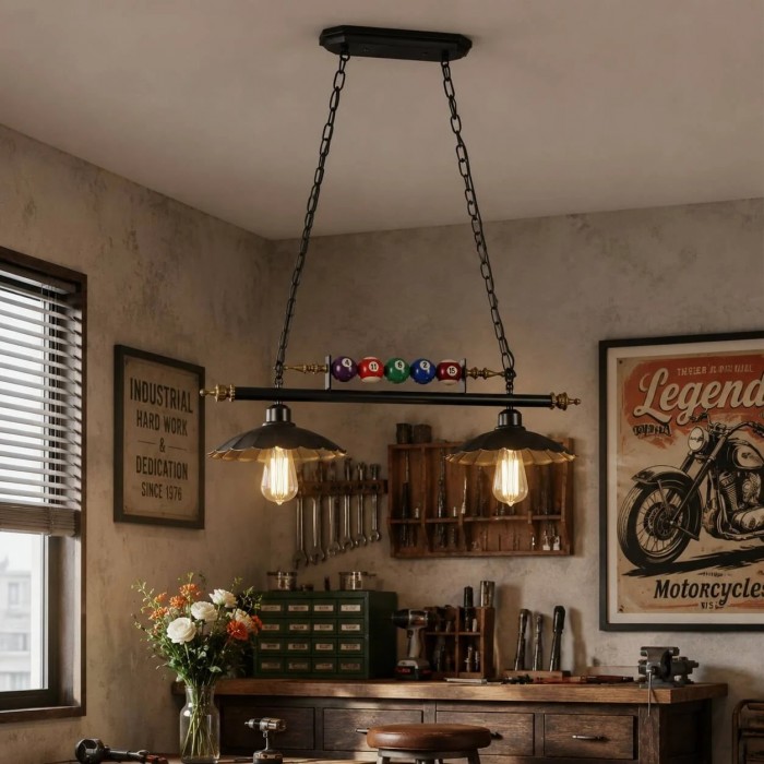 Vintage industriële biljart hanglamp met glazen of ijzeren kappen HL4067