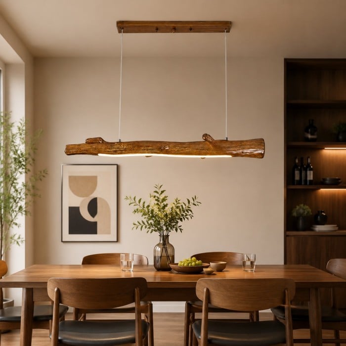 Lampada a sospensione lineare a forma di ramo in resina color legno HL4104