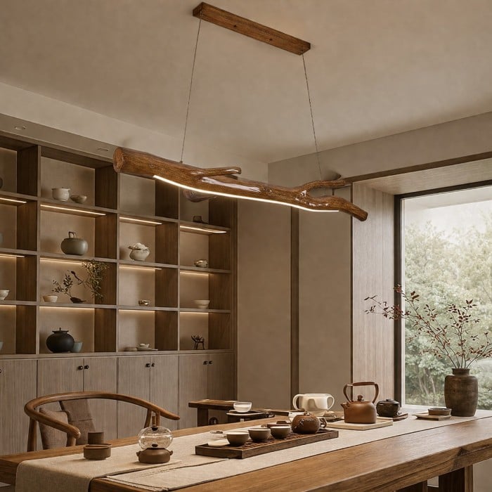 Lampada a sospensione lineare a forma di ramo in resina color legno HL4104